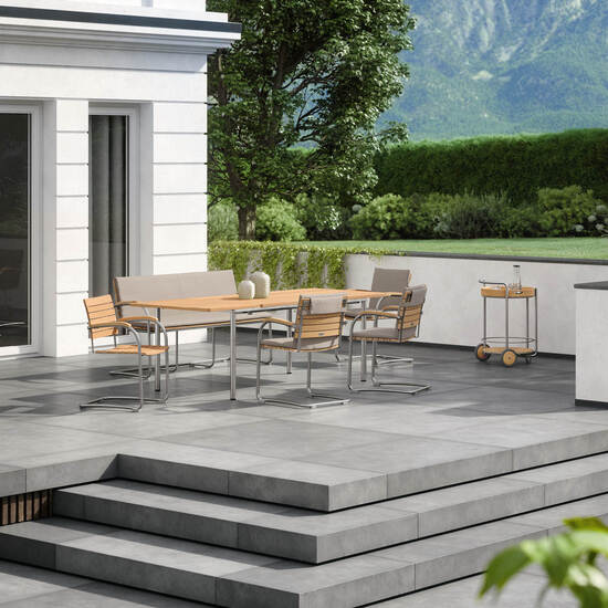 Portland Ausziehtisch Edelstahl 165-225 x 90 Tischplatte Teak