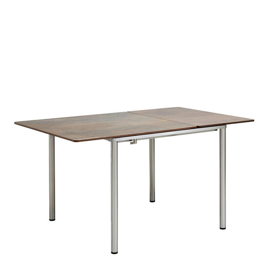 Portland Ausziehtisch Edelstahl 90-140 x 90 Tischplatte Kunstharz Patina Graubraun