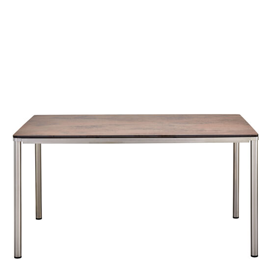 Portland Tisch Edelstahl 140 x 90 Tischplatte Kunstharz Patina Graubraun