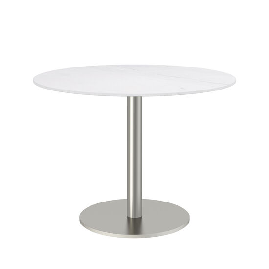 Ronda Mittelfußtisch Edelstahl rund 100 Tischplatte Keramik Weiß marmoriert