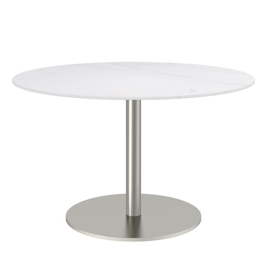 Ronda Mittelfußtisch Edelstahl rund 120 Tischplatte Keramik Weiß marmoriert