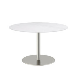 Ronda Mittelfußtisch Edelstahl rund 120 Tischplatte Keramik Weiß marmoriert