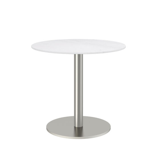 Ronda Mittelfußtisch Edelstahl rund 80 Tischplatte Keramik Weiß marmoriert