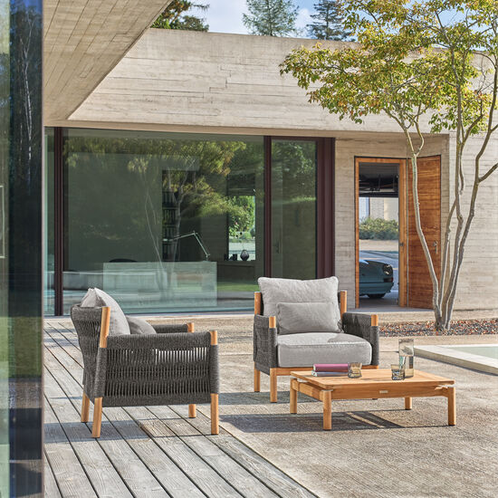 Gartenmöbel-Loungemöbel-Sessel,Hocker & Poufs-Auflagen-Element mit Armlehne-Rückenwand-Teakholz-Edelstahl-Geflecht-Polyester